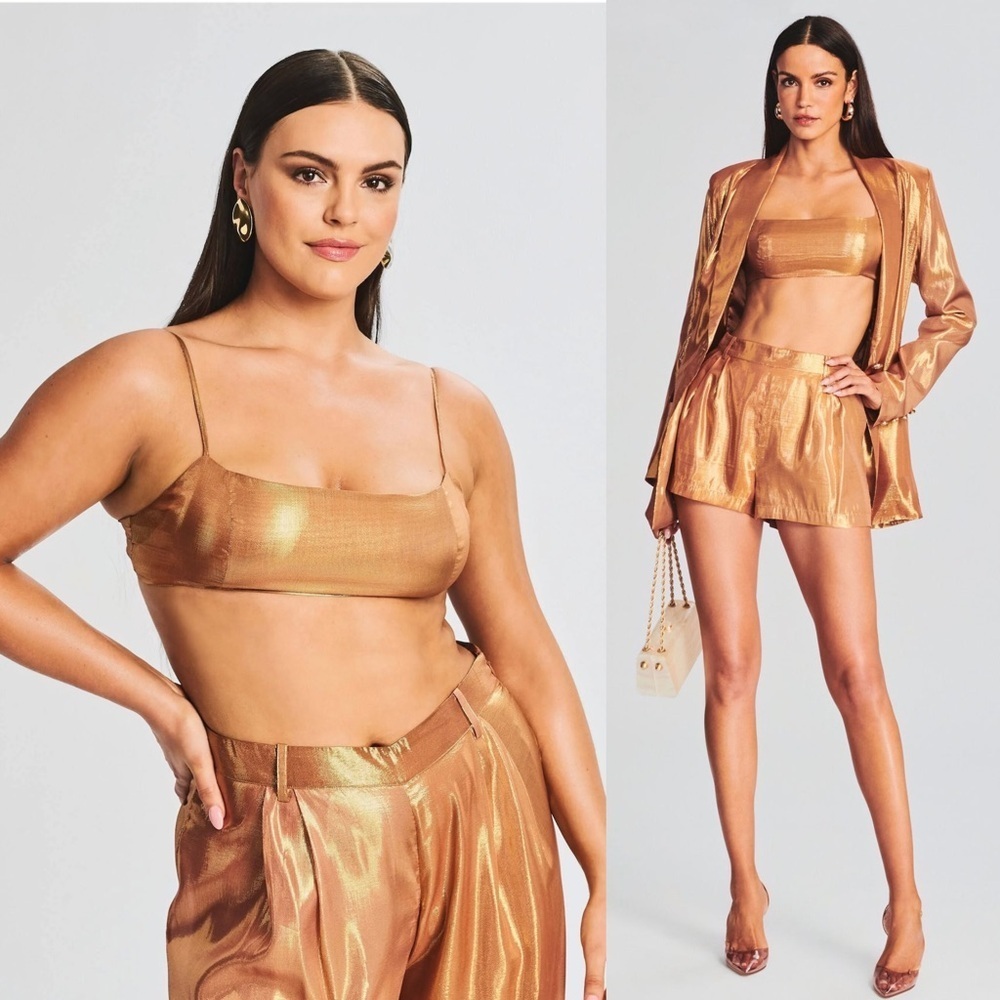 NWT RETROFETE Set Silk Metallic Chiffon High Waist Pleated Short & Bra Top XL